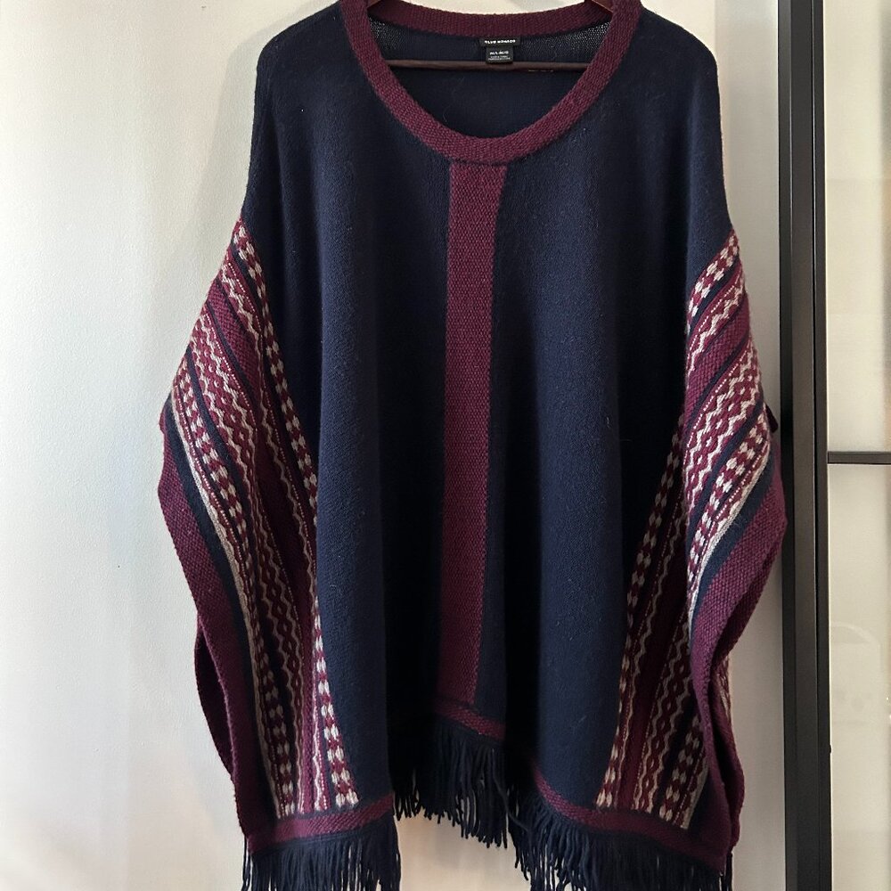 Club Monaco Knit Fair Isle Print Tassel Hem Poncho Sweater Blue Size M